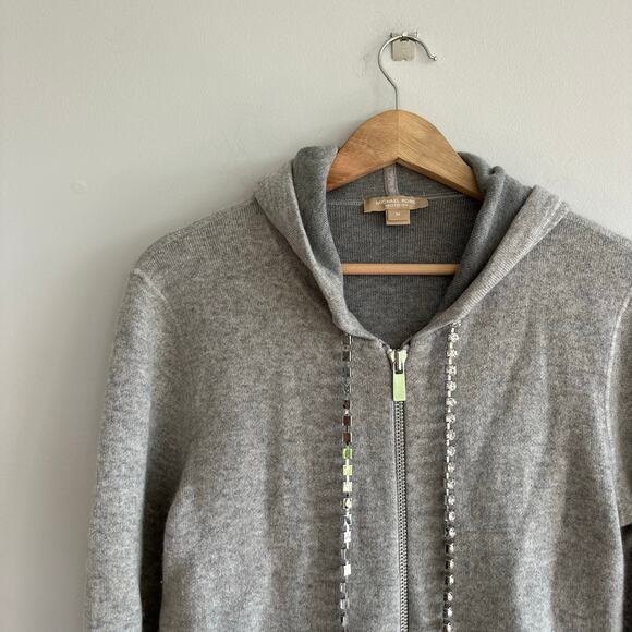 Michael Kors Collection Cashmere Diamanté-Cord Zip Hoodie Sweater Gray M - Picture 4 of 7